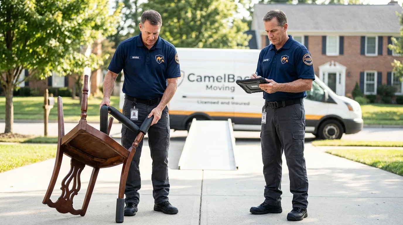 Movers inspecting furniture for damage prevention before loading in Hawkinsville, GA