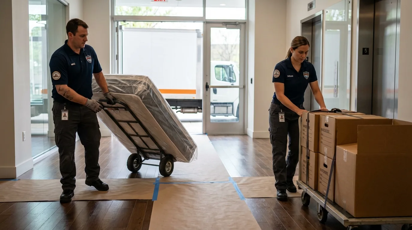 Professional apartment movers loading elevator in Hawkinsville, GA