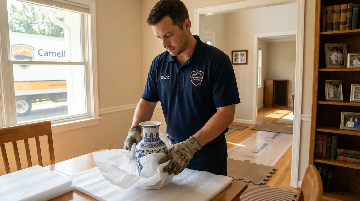 Professional crew carefully wrapping antique vase for senior downsizing move in Hawkinsville, GA